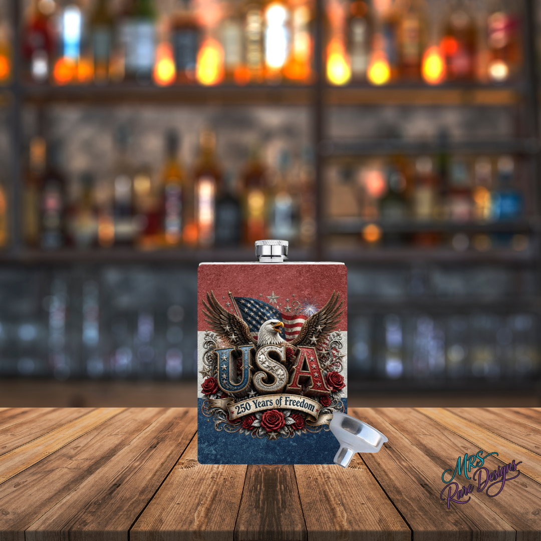 Freedom in Your Pocket USA 250 Years of Freedom 8 oz Patriotic Hip Flask Stainless Steel with Funnel