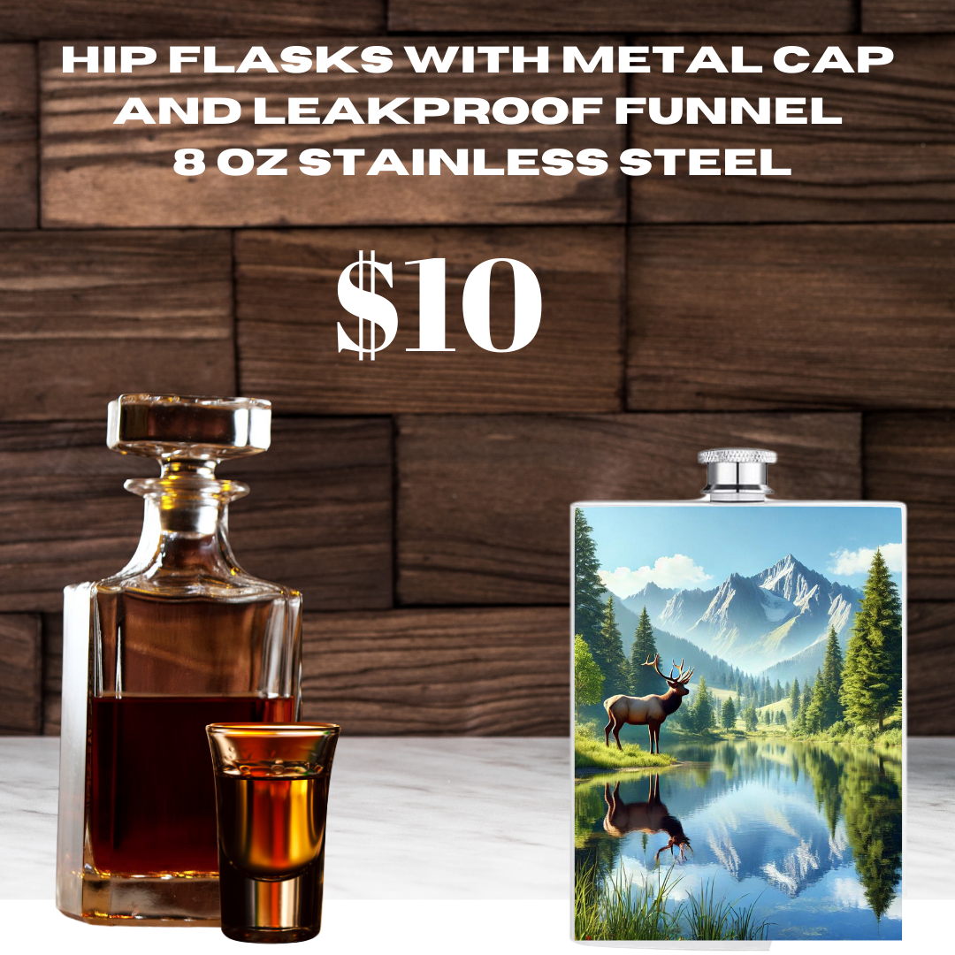 Nature's Majesty 8 oz Stainless Steel Hip Flasks with Wildlife Art, Metal Cap, and Leakproof Funnel