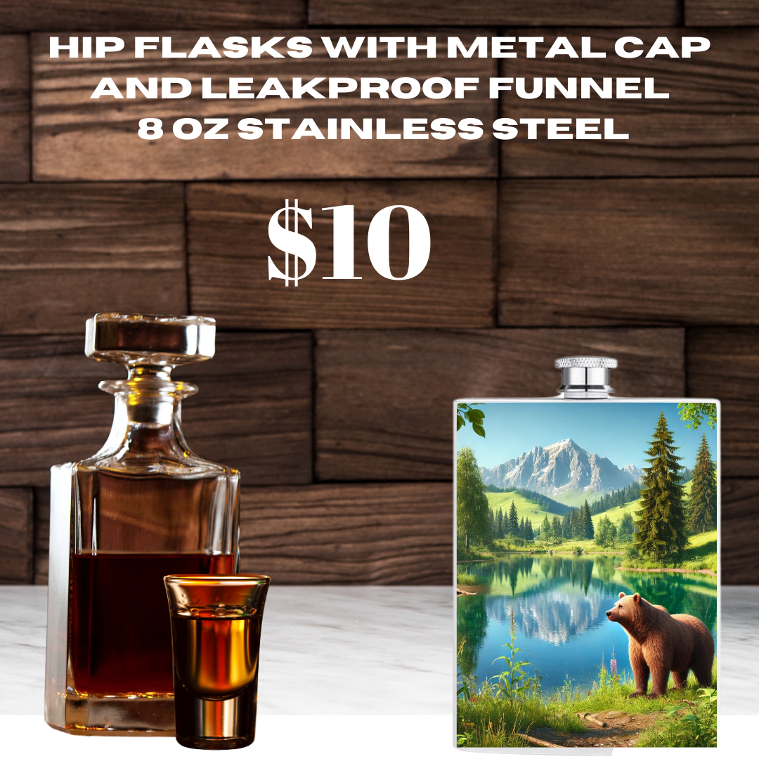 Nature's Majesty 8 oz Stainless Steel Hip Flasks with Wildlife Art, Metal Cap, and Leakproof Funnel