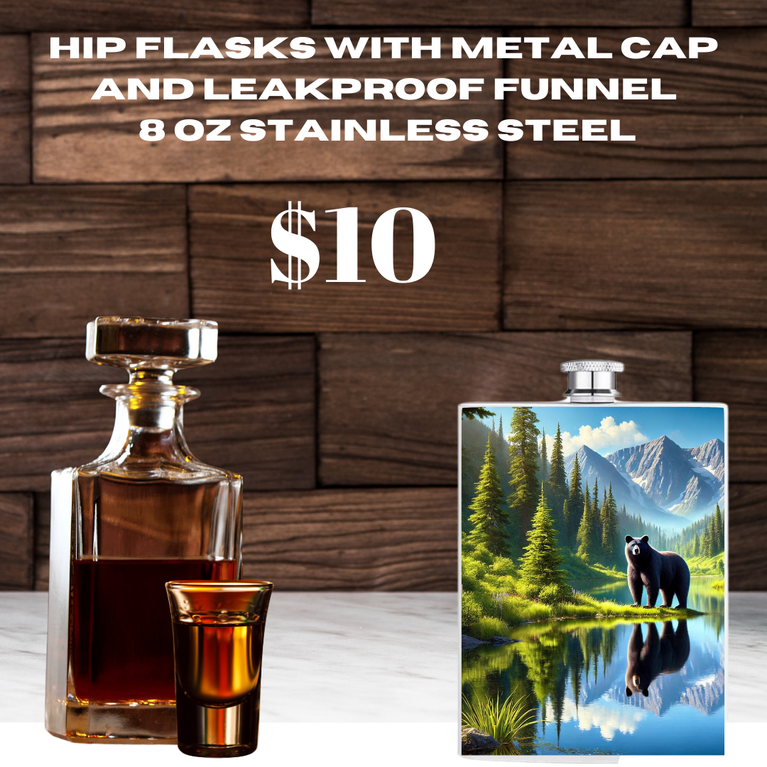 Nature's Majesty 8 oz Stainless Steel Hip Flasks with Wildlife Art, Metal Cap, and Leakproof Funnel