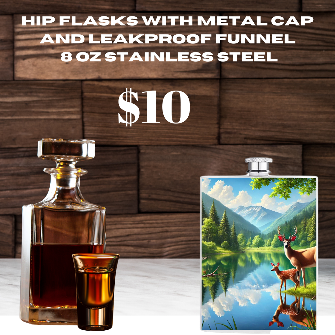 Nature's Majesty 8 oz Stainless Steel Hip Flasks with Wildlife Art, Metal Cap, and Leakproof Funnel