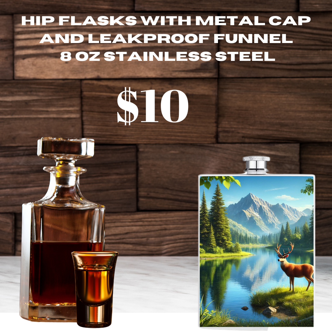 Nature's Majesty 8 oz Stainless Steel Hip Flasks with Wildlife Art, Metal Cap, and Leakproof Funnel