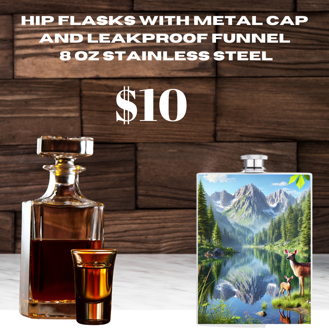 Nature's Majesty 8 oz Stainless Steel Hip Flasks with Wildlife Art, Metal Cap, and Leakproof Funnel