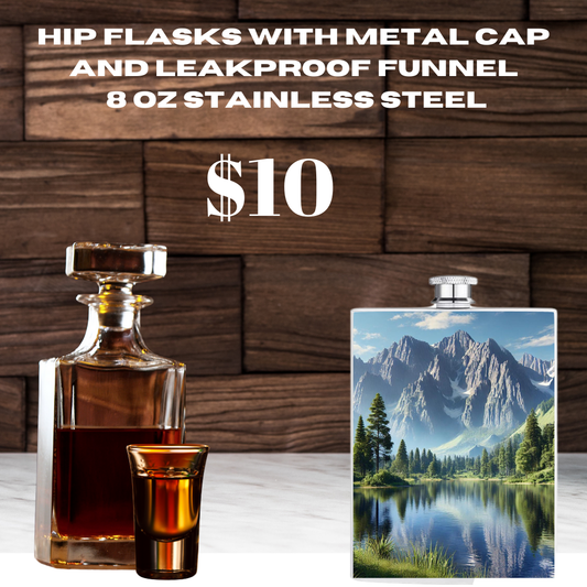 Nature's Majesty 8 oz Stainless Steel Hip Flasks with Wildlife Art, Metal Cap, and Leakproof Funnel