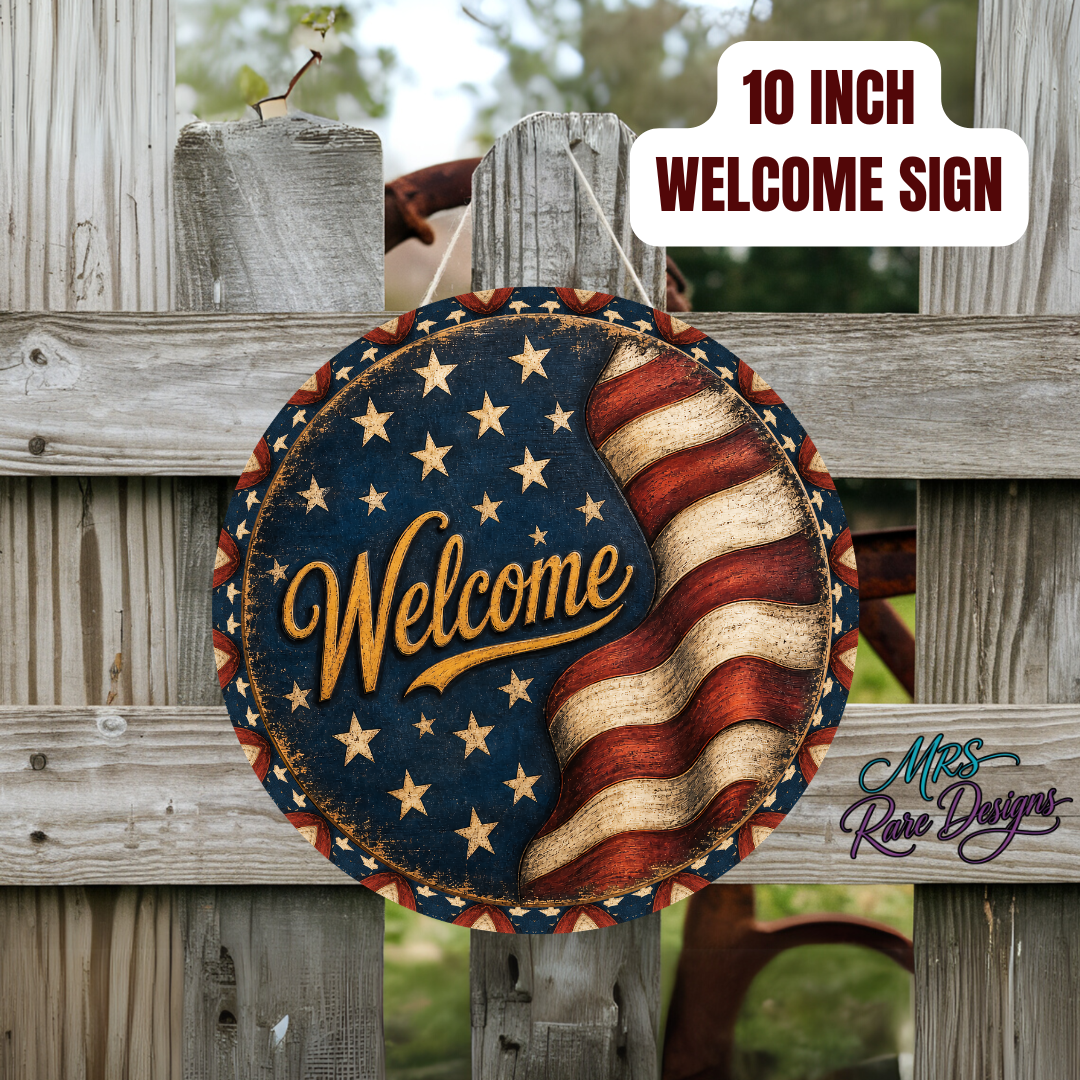 Old Glory Welcome Vintage Patriotic Round Door Sign