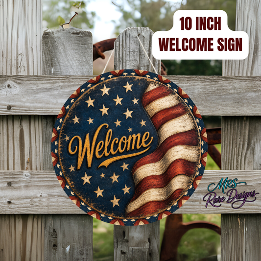 Old Glory Welcome Vintage Patriotic Round Door Sign
