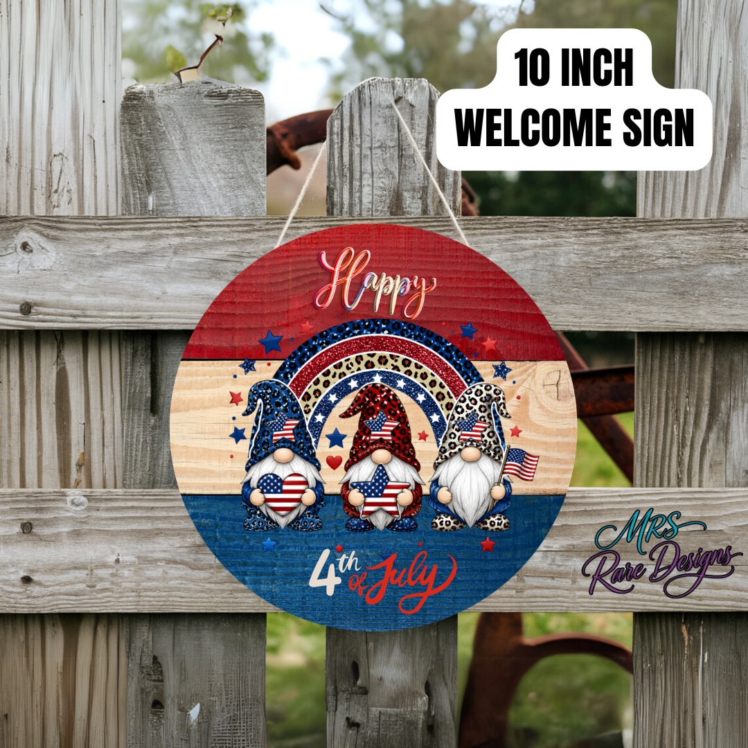 Gnome Sweet Freedom" Happy 4th of July Round Door Sign | 10 Inch Patriotic Gnome Welcome Sign