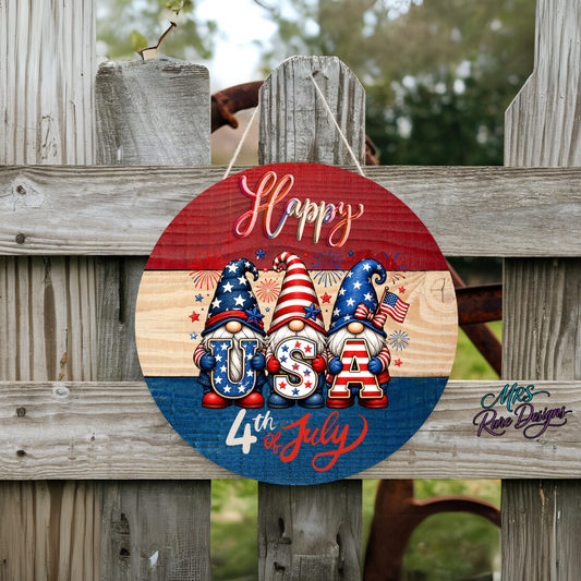 "Star-Spangled Gnomes" Happy 4th of July Round Door Sign 10 Inch Patriotic USA Gnome Welcome Sign
