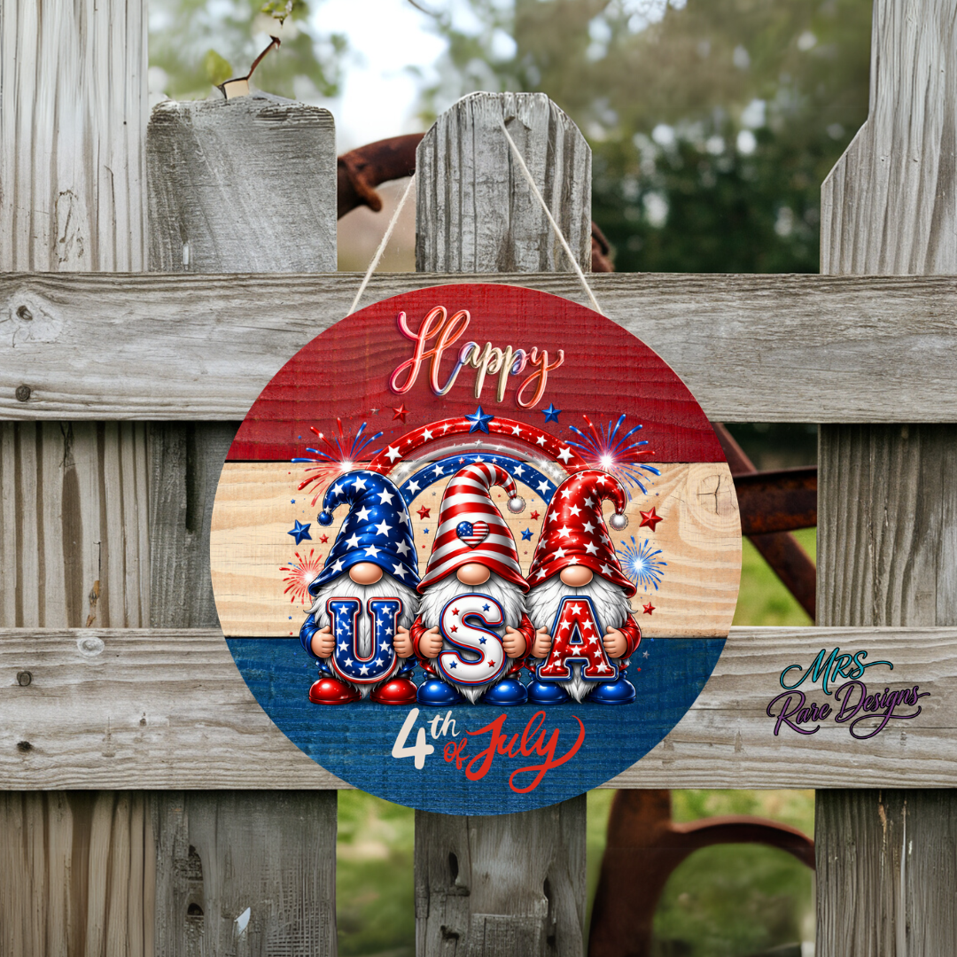 "USA Gnome Crew" Happy 4th of July Round Door Sign 10 Inch Patriotic Fireworks Gnome Welcome Sign