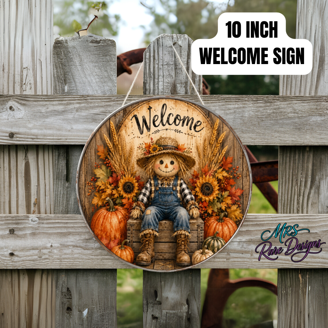 "Patches the Welcome Scarecrow" Round Wood Sign