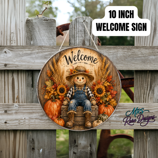 "Patches the Welcome Scarecrow" Round Wood Sign