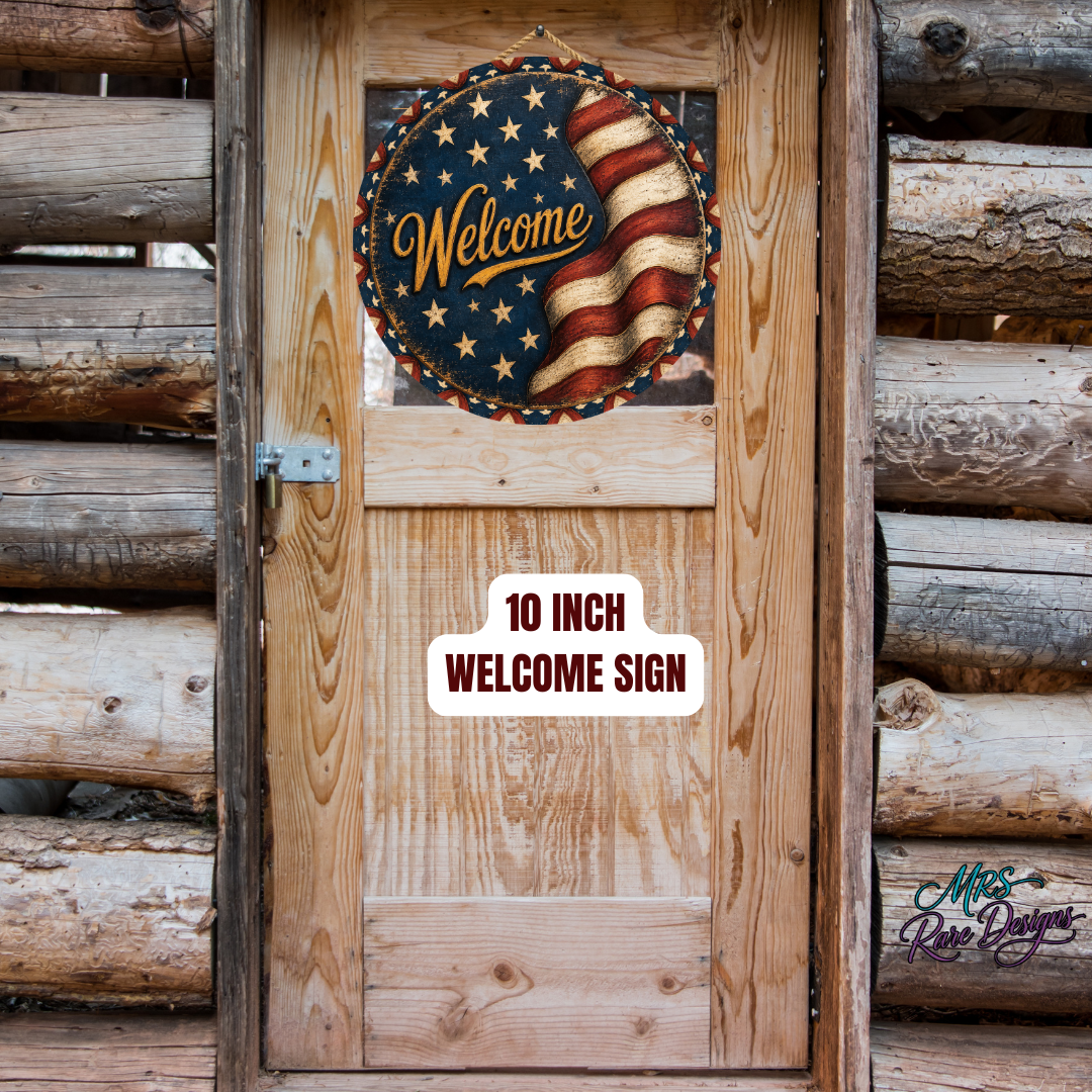 Old Glory Welcome Vintage Patriotic Round Door Sign