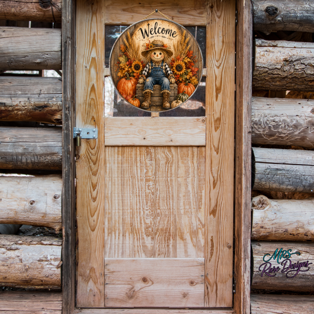 "Patches the Welcome Scarecrow" Round Wood Sign