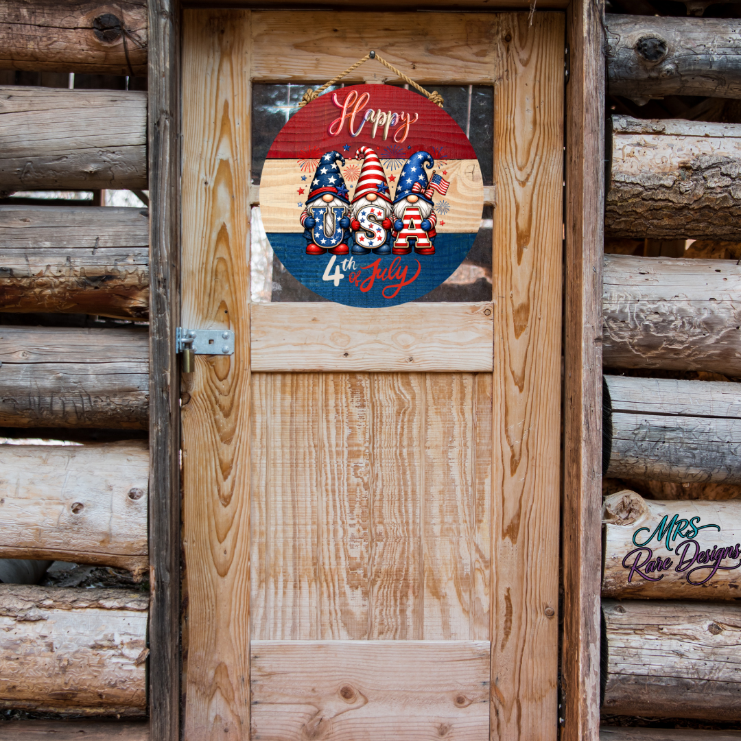 "Star-Spangled Gnomes" Happy 4th of July Round Door Sign 10 Inch Patriotic USA Gnome Welcome Sign
