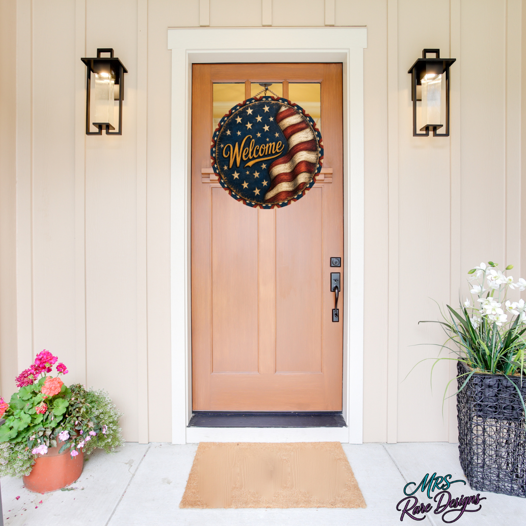 Old Glory Welcome Vintage Patriotic Round Door Sign