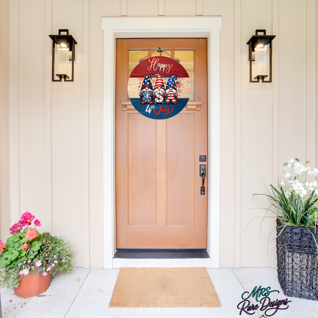 "USA Gnome Crew" Happy 4th of July Round Door Sign 10 Inch Patriotic Fireworks Gnome Welcome Sign
