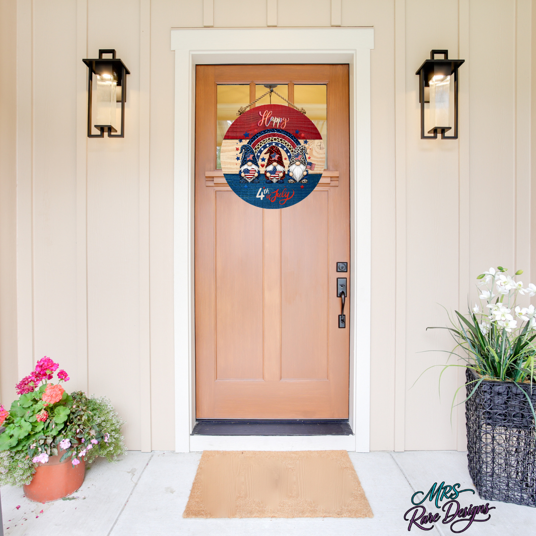 Gnome Sweet Freedom" Happy 4th of July Round Door Sign | 10 Inch Patriotic Gnome Welcome Sign