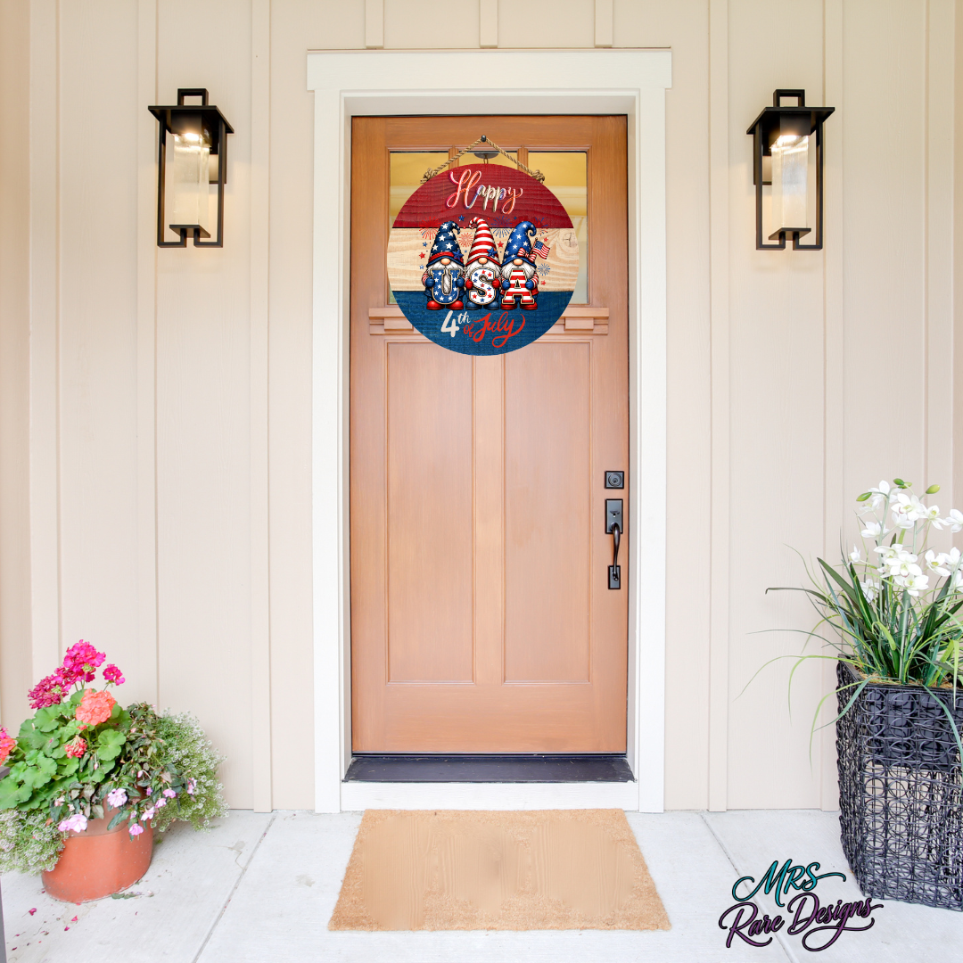 "Star-Spangled Gnomes" Happy 4th of July Round Door Sign 10 Inch Patriotic USA Gnome Welcome Sign