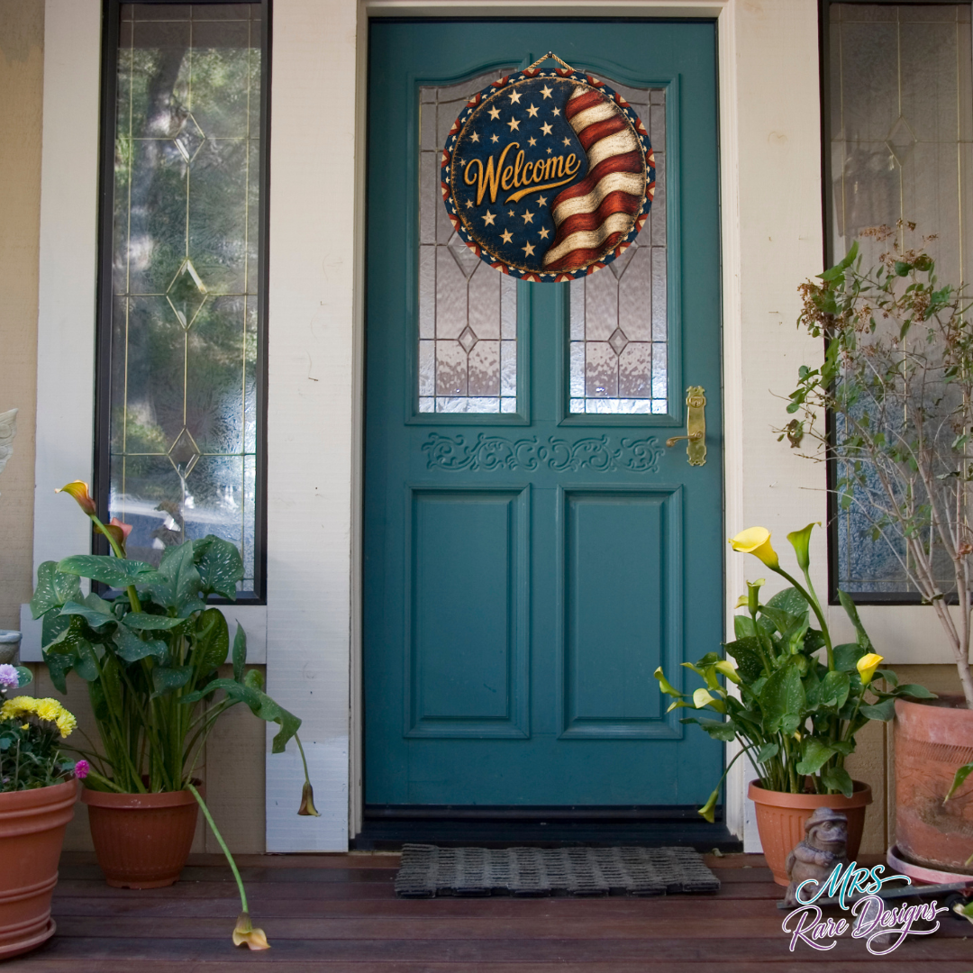 Old Glory Welcome Vintage Patriotic Round Door Sign