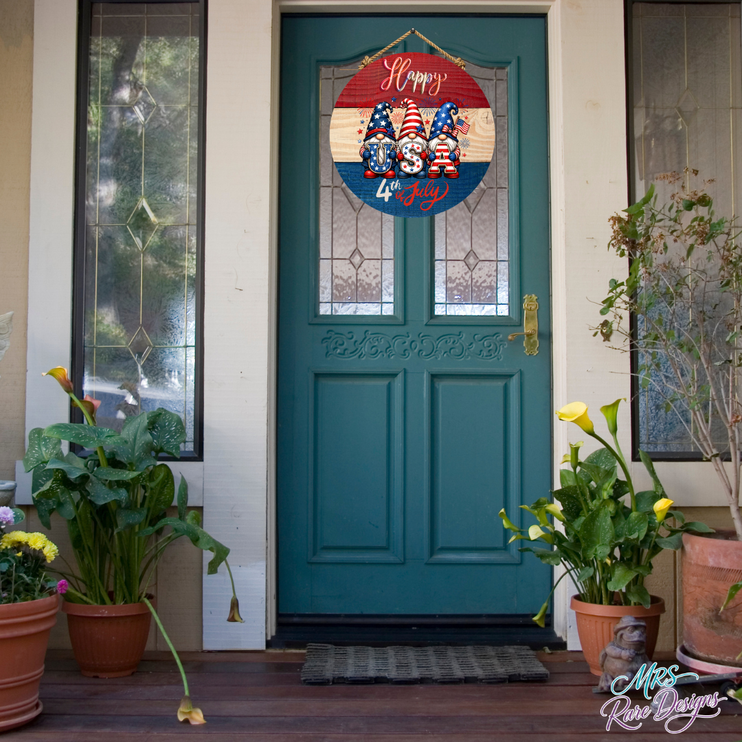"Star-Spangled Gnomes" Happy 4th of July Round Door Sign 10 Inch Patriotic USA Gnome Welcome Sign