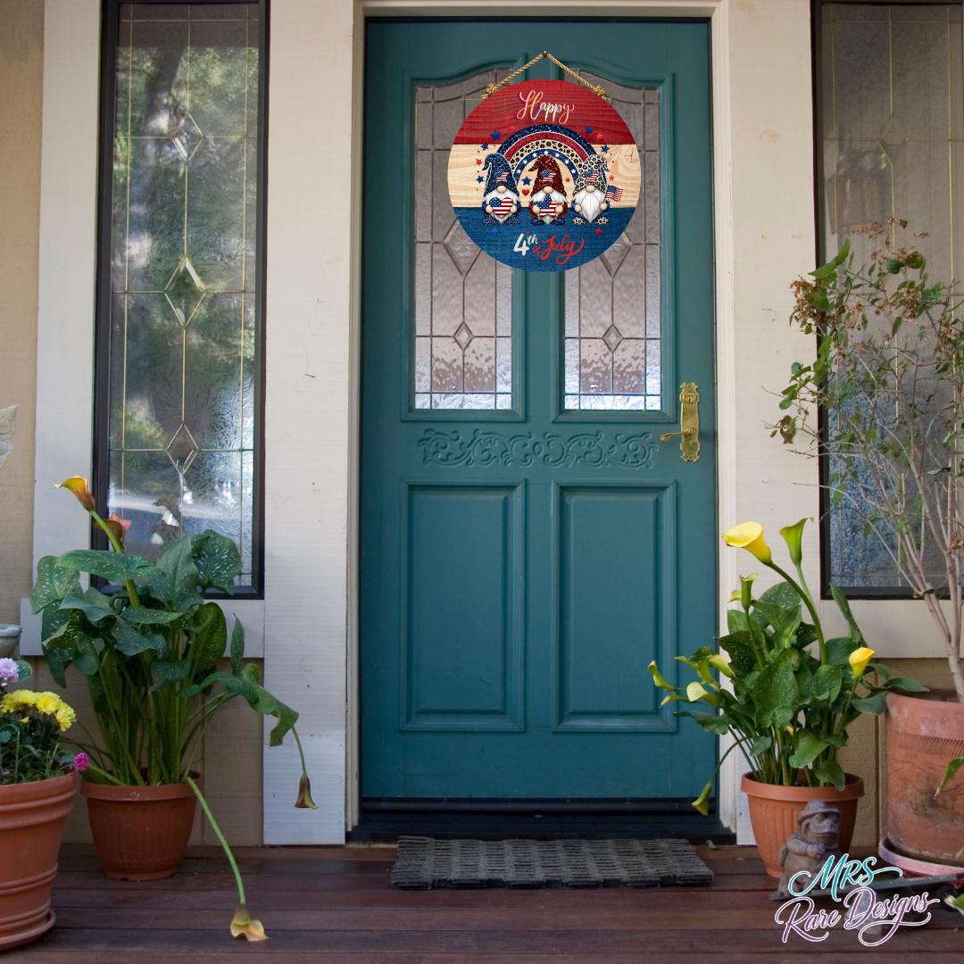 Gnome Sweet Freedom" Happy 4th of July Round Door Sign | 10 Inch Patriotic Gnome Welcome Sign
