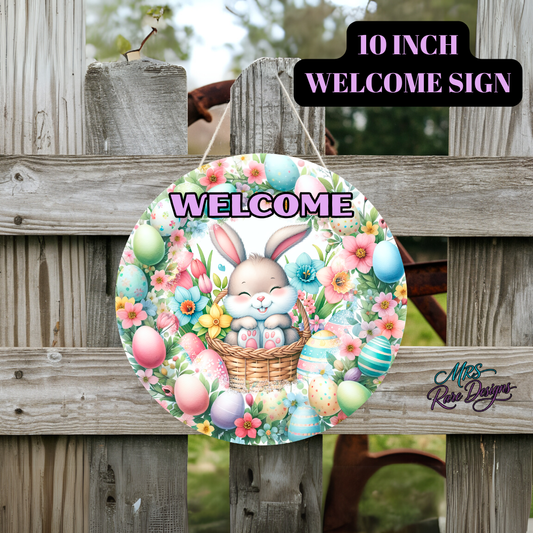 Easter Bunny Welcome Sign Duo – 10 Inch Round Spring Front Door Decor