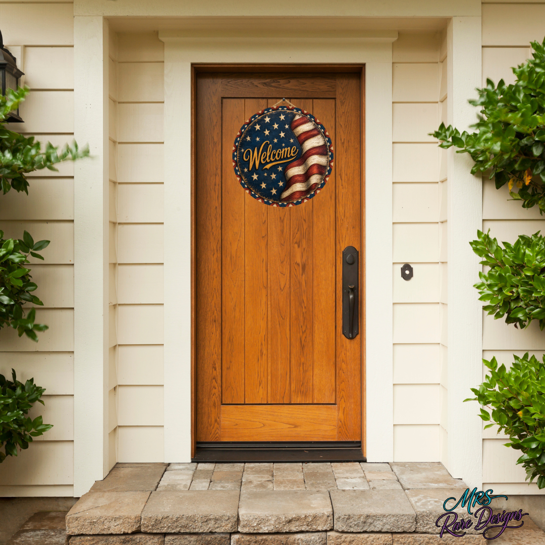 Old Glory Welcome Vintage Patriotic Round Door Sign