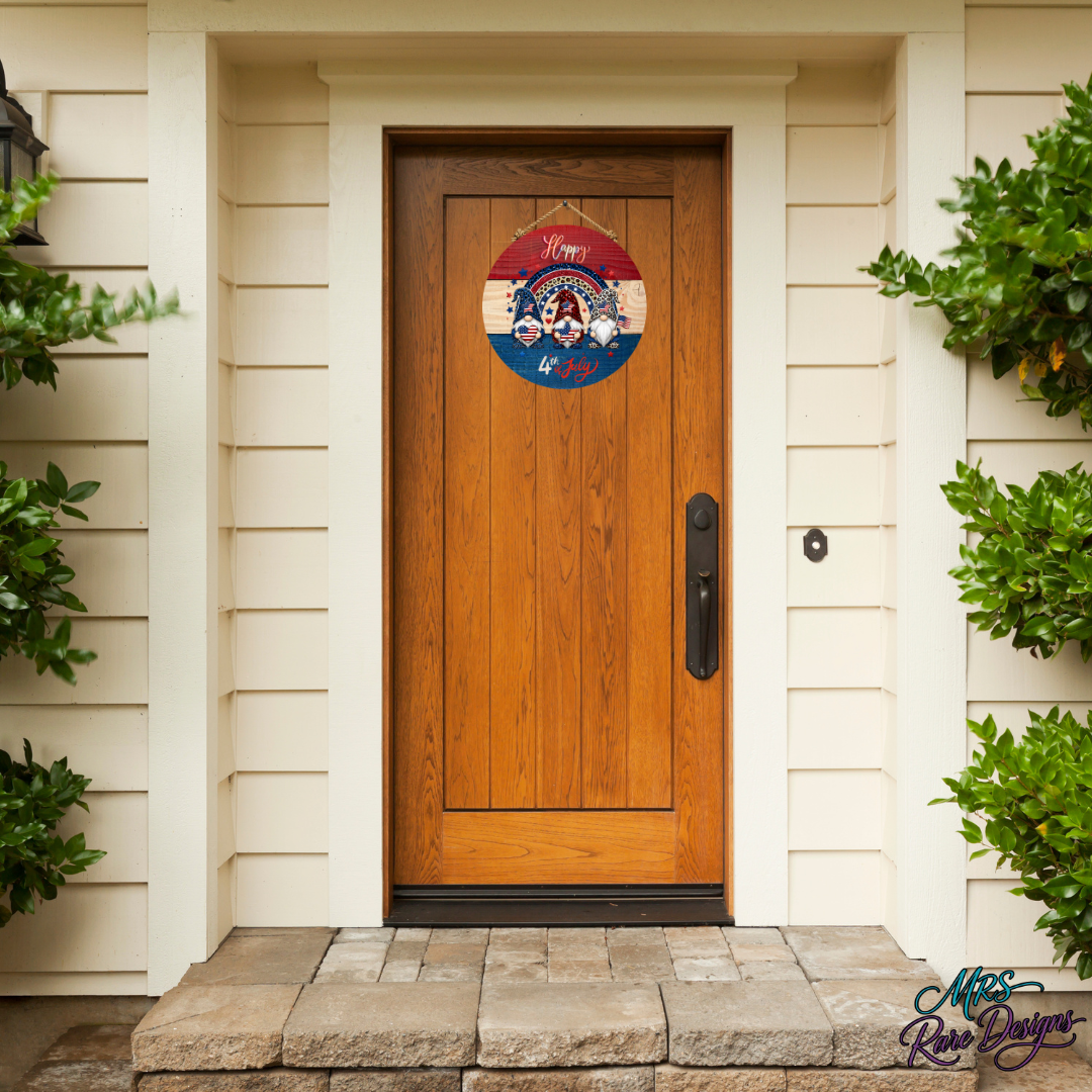 Gnome Sweet Freedom" Happy 4th of July Round Door Sign | 10 Inch Patriotic Gnome Welcome Sign