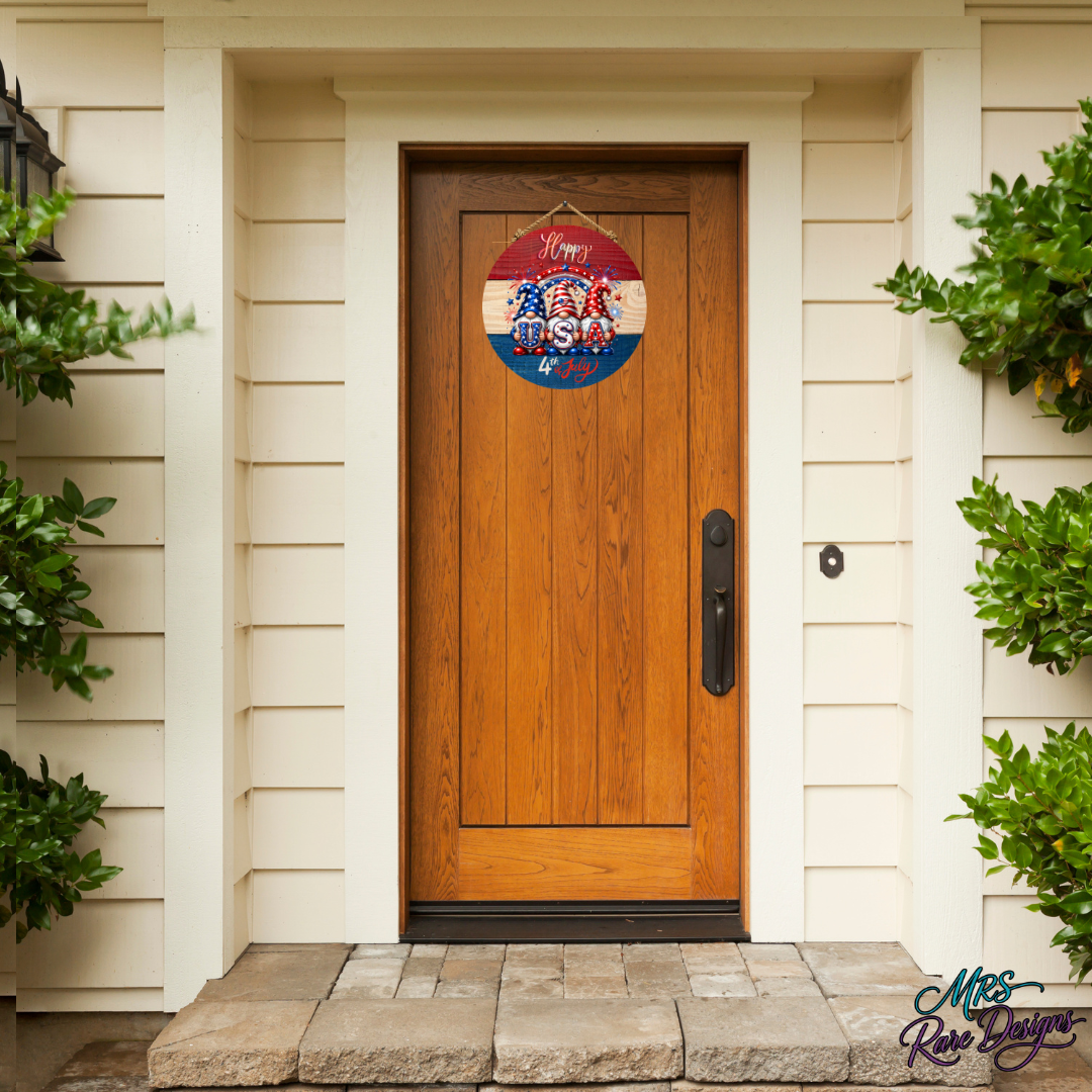 "USA Gnome Crew" Happy 4th of July Round Door Sign 10 Inch Patriotic Fireworks Gnome Welcome Sign