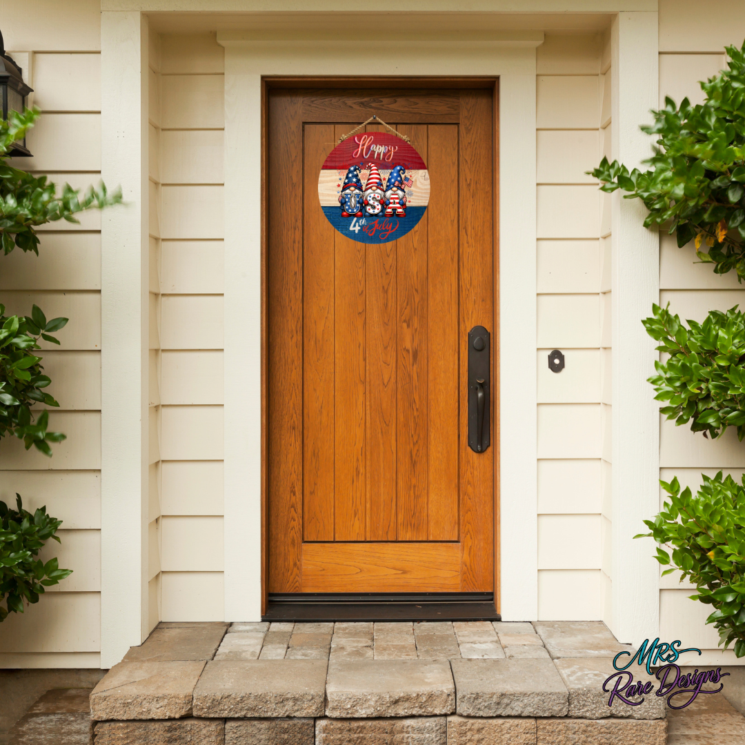 "Star-Spangled Gnomes" Happy 4th of July Round Door Sign 10 Inch Patriotic USA Gnome Welcome Sign