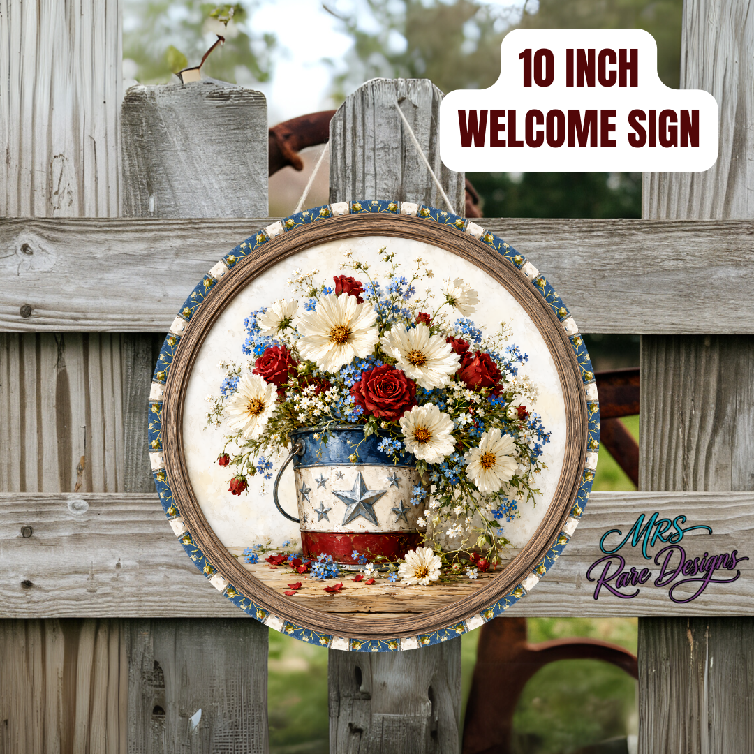 Blooms & Glory Patriotic Floral Round Door Sign