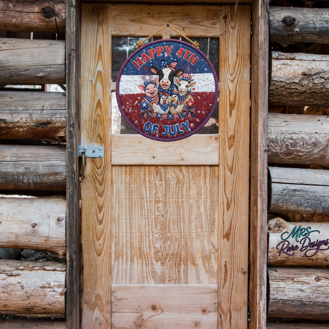 Patriotic Pasture Pals Happy 4th of July Round Door Sign