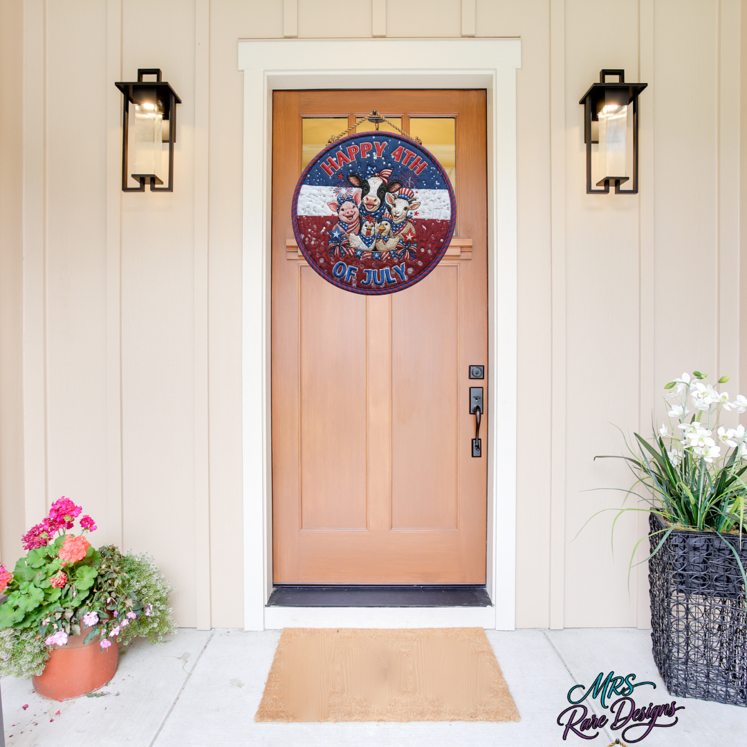 Patriotic Pasture Pals Happy 4th of July Round Door Sign