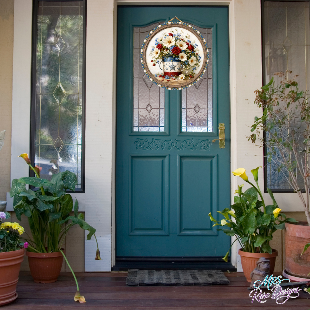 Blooms & Glory Patriotic Floral Round Door Sign