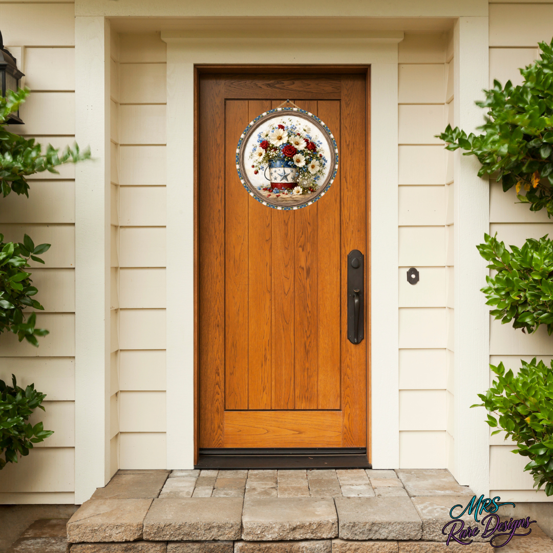 Blooms & Glory Patriotic Floral Round Door Sign
