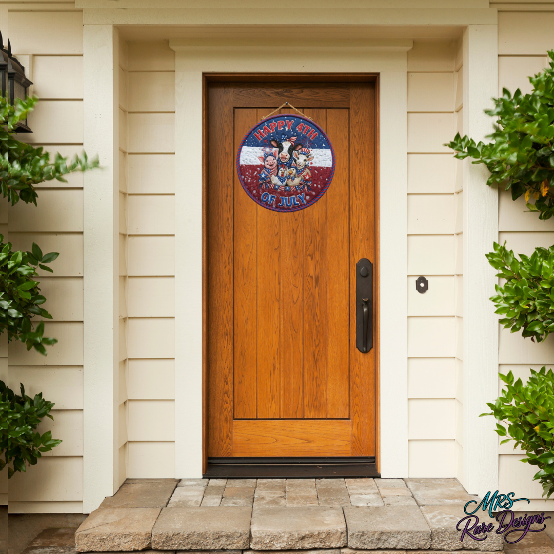Patriotic Pasture Pals Happy 4th of July Round Door Sign