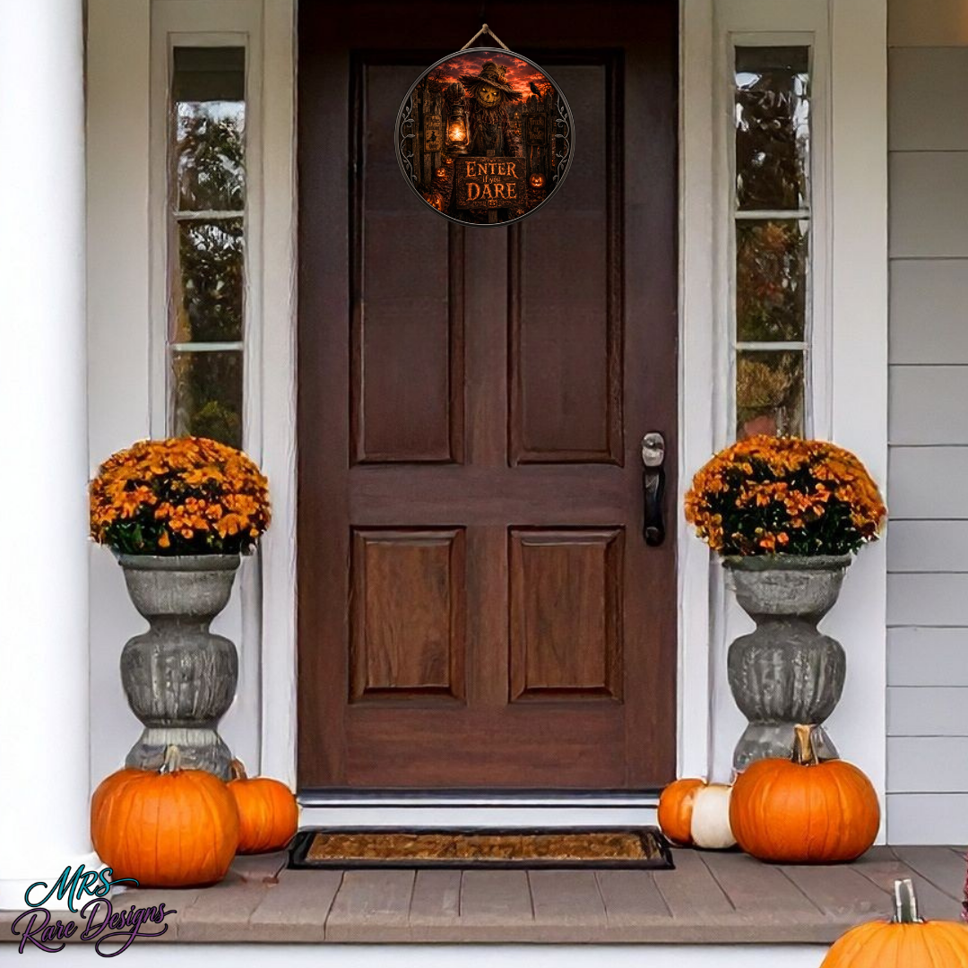 "Enter If You Dare" Spooky Scarecrow 10-Inch Round Hanging Welcome Sign