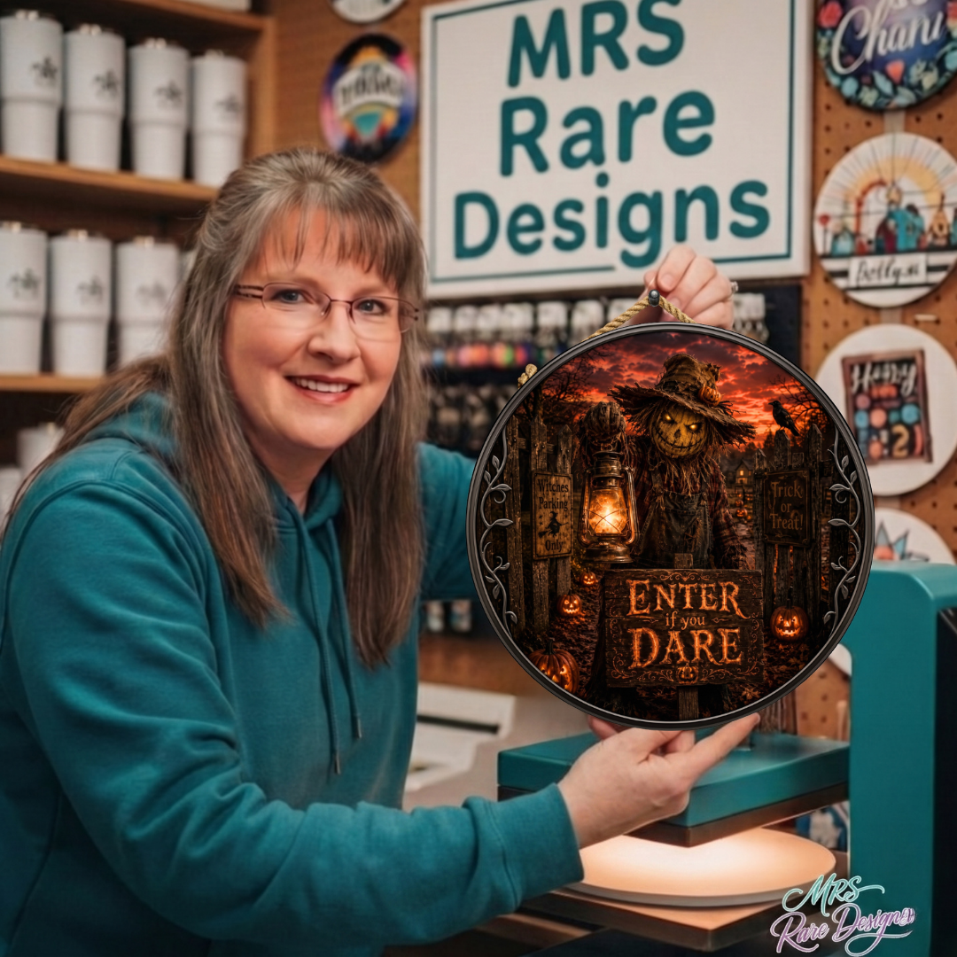 "Enter If You Dare" Spooky Scarecrow 10-Inch Round Hanging Welcome Sign