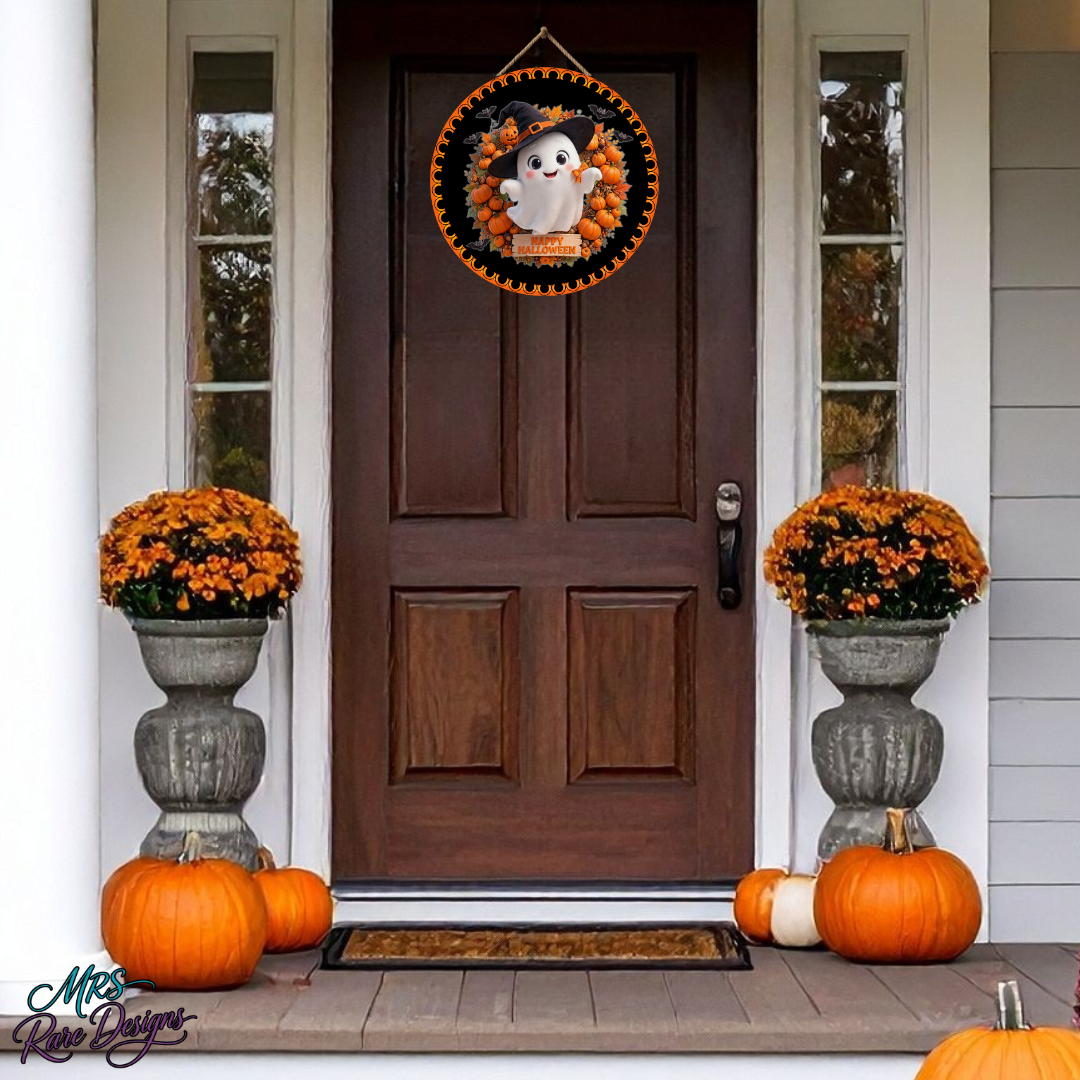 🎃 "Boo-tiful Welcome" Ghost Wreath Door Sign