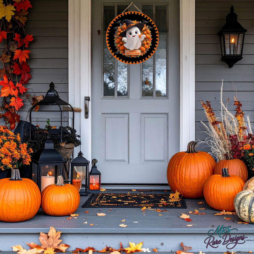 🎃 "Boo-tiful Welcome" Ghost Wreath Door Sign
