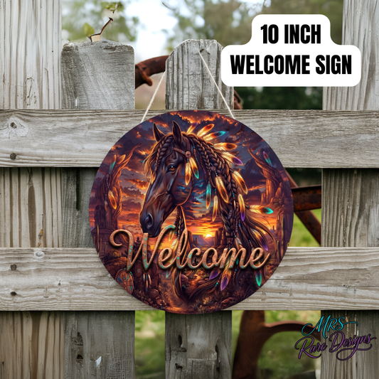 Sunset Spirit Feather Horse 10-Inch Round Welcome Sign
