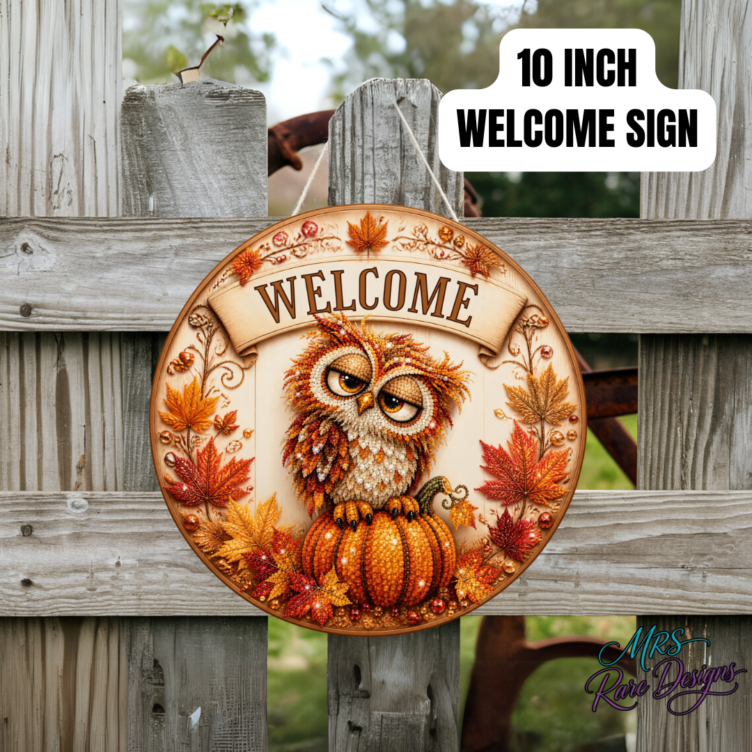 Cozy Autumn Owl Welcome Sign, 10-Inch Round Wooden Decor