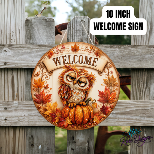 Cozy Autumn Owl Welcome Sign, 10-Inch Round Wooden Decor