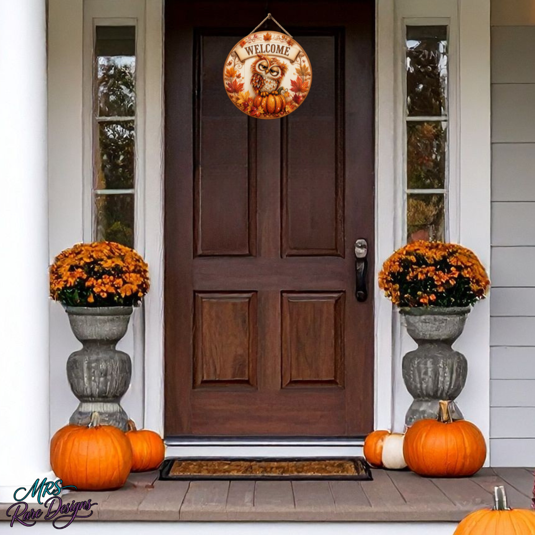 Cozy Autumn Owl Welcome Sign, 10-Inch Round Wooden Decor