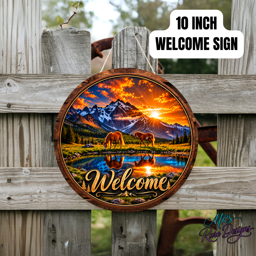 Golden Trails — Mountain Sunset Horse Welcome Sign, 10 Inch