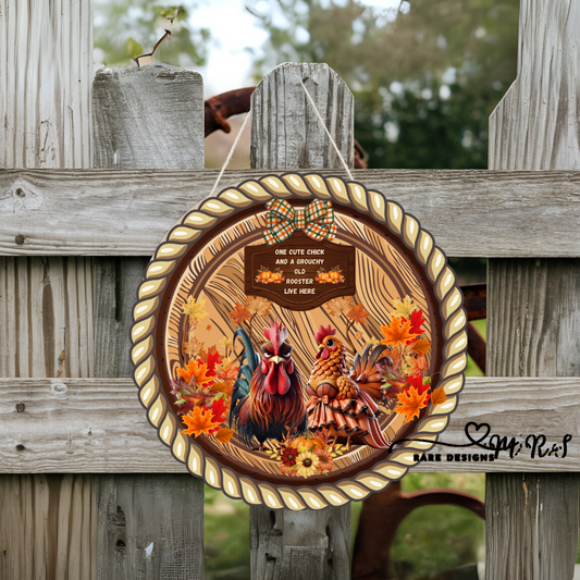 Fall Cute Chick & Grouchy Rooster Round Door Sign 🍂🐓