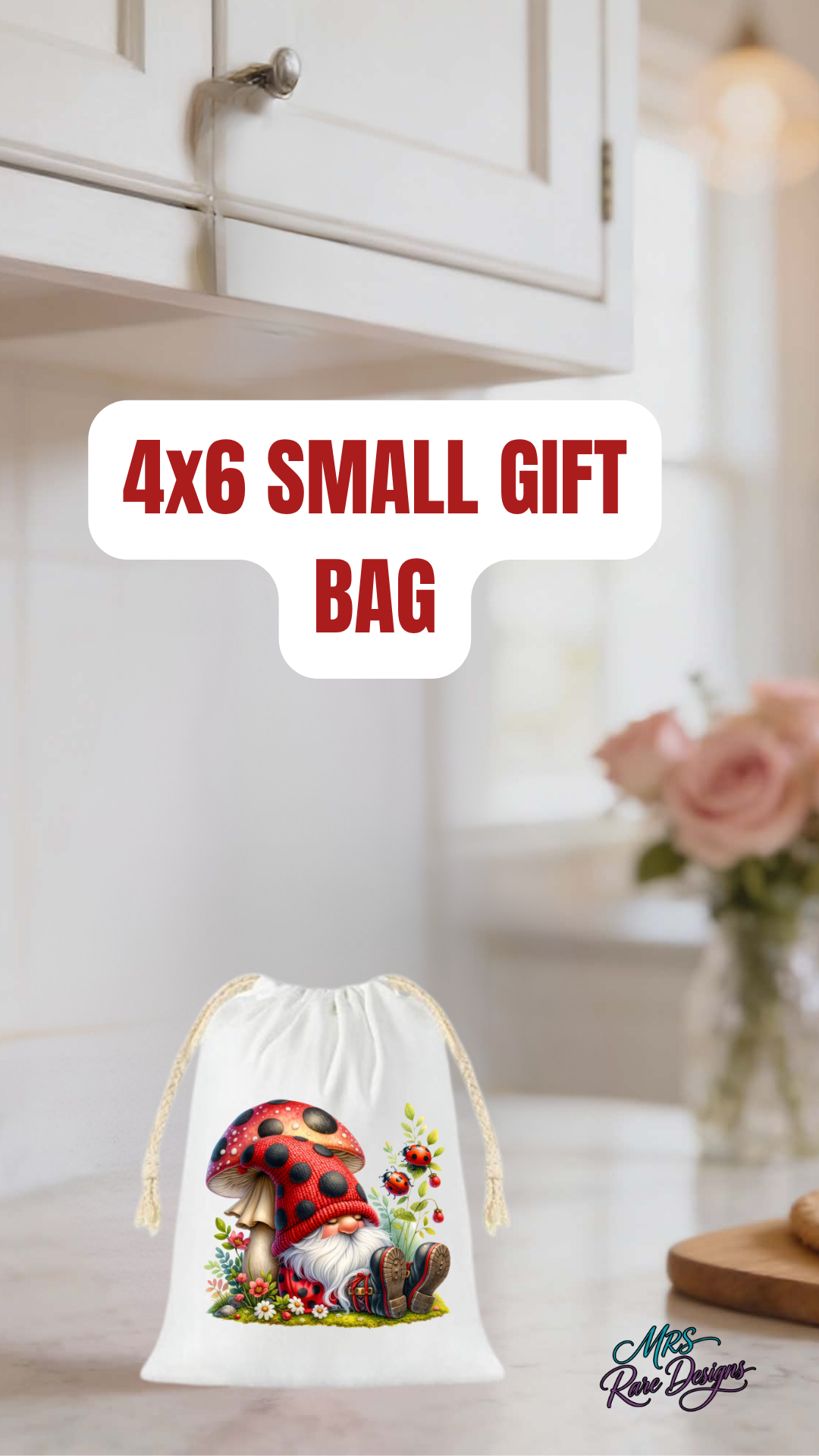 Whimsical Ladybug Gnome Drawstring Gift Bag – 4x6 Small Treat Pouch