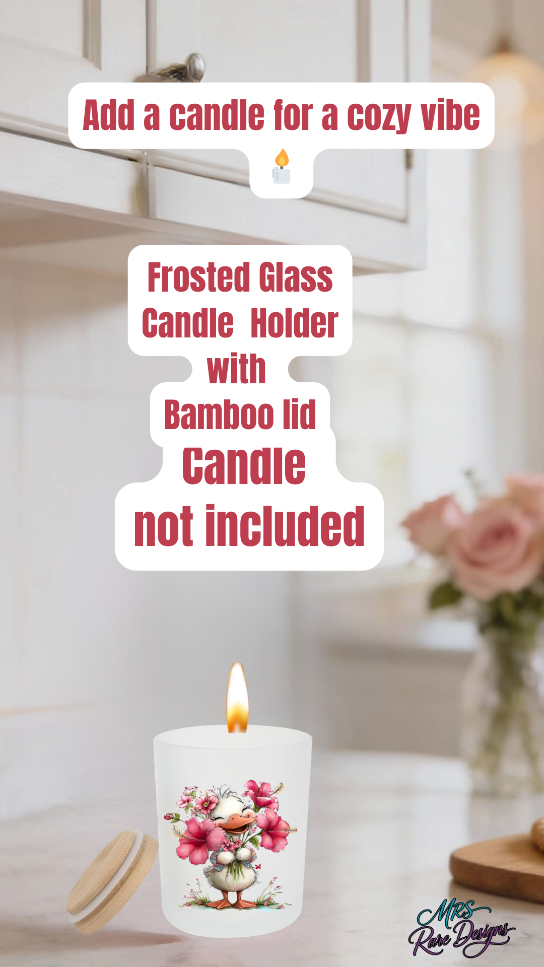 Spring Duckling Frosted Glass Candle Holder with Bamboo Lid – Floral Cozy Decor