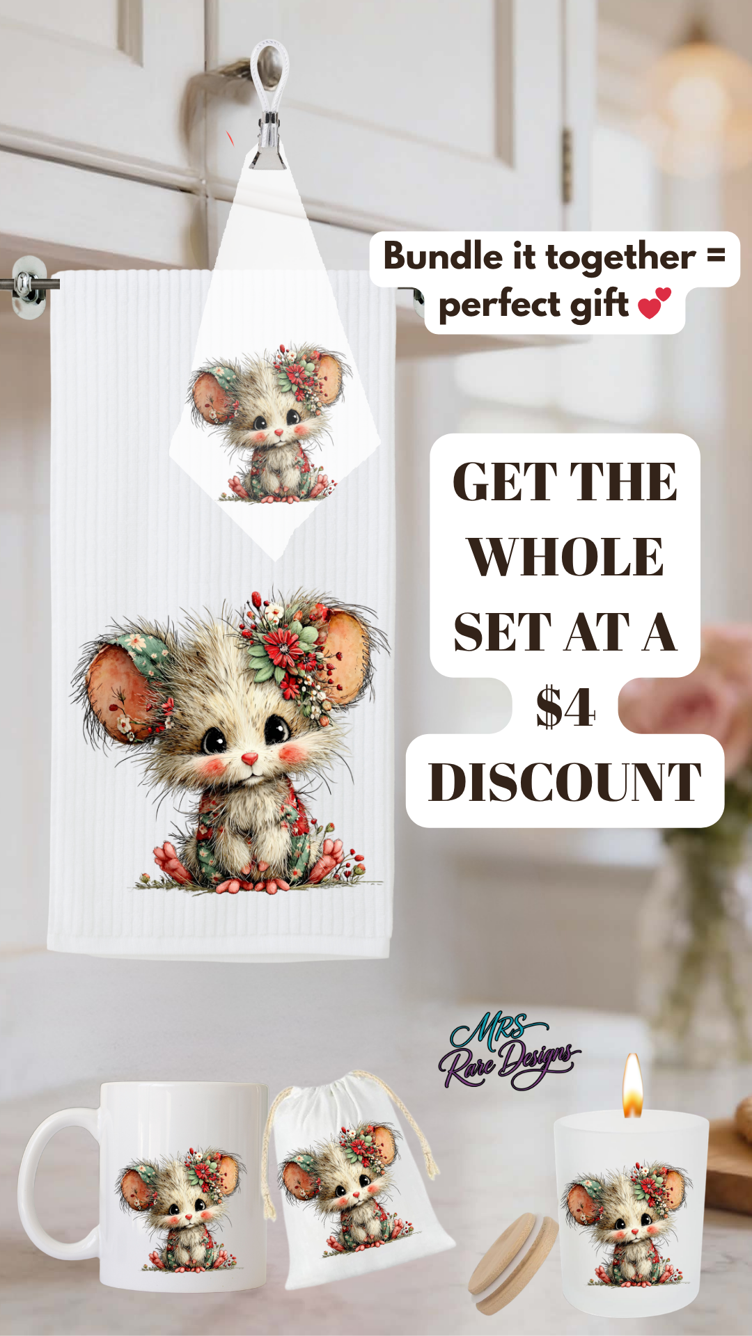 Woodland Mouse Cozy Gift Set – Mug, Gift Bag, Candle Holder, Tea Towel & Kitchen Towel Collection