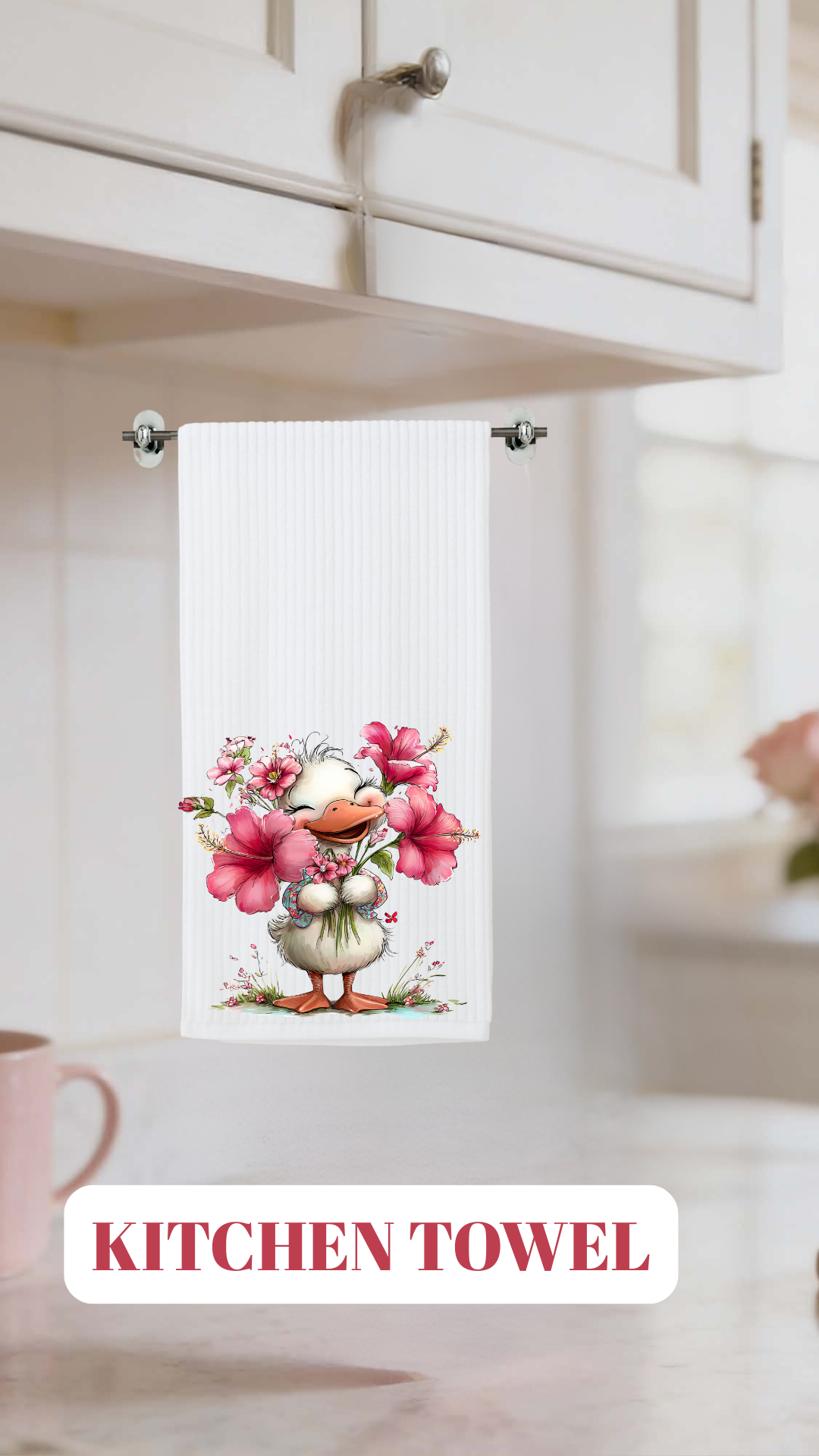 Spring Duckling Floral Kitchen Towel – Decorative Dish Towel with Hanging Bar Design